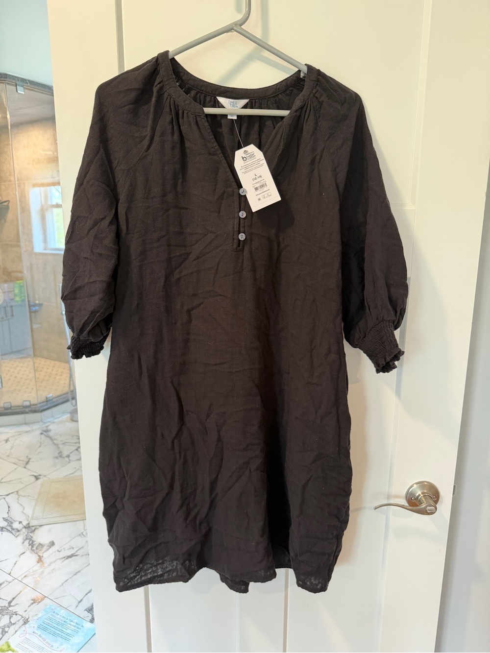 Black Women’s Smocked Sleeve Tunic Dress - 3/4 Sleeve